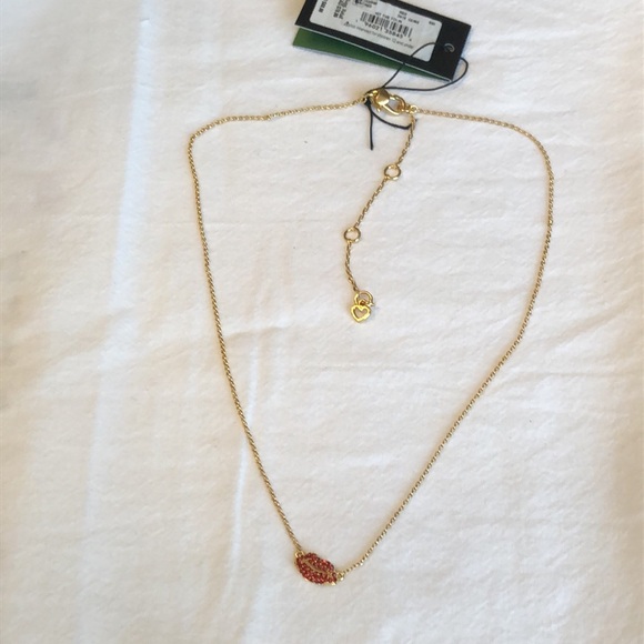 Kate Spade Gold Tone Hit The Town Mini Lip Pendant Necklace Red CZ Accents NWT - Picture 2 of 14